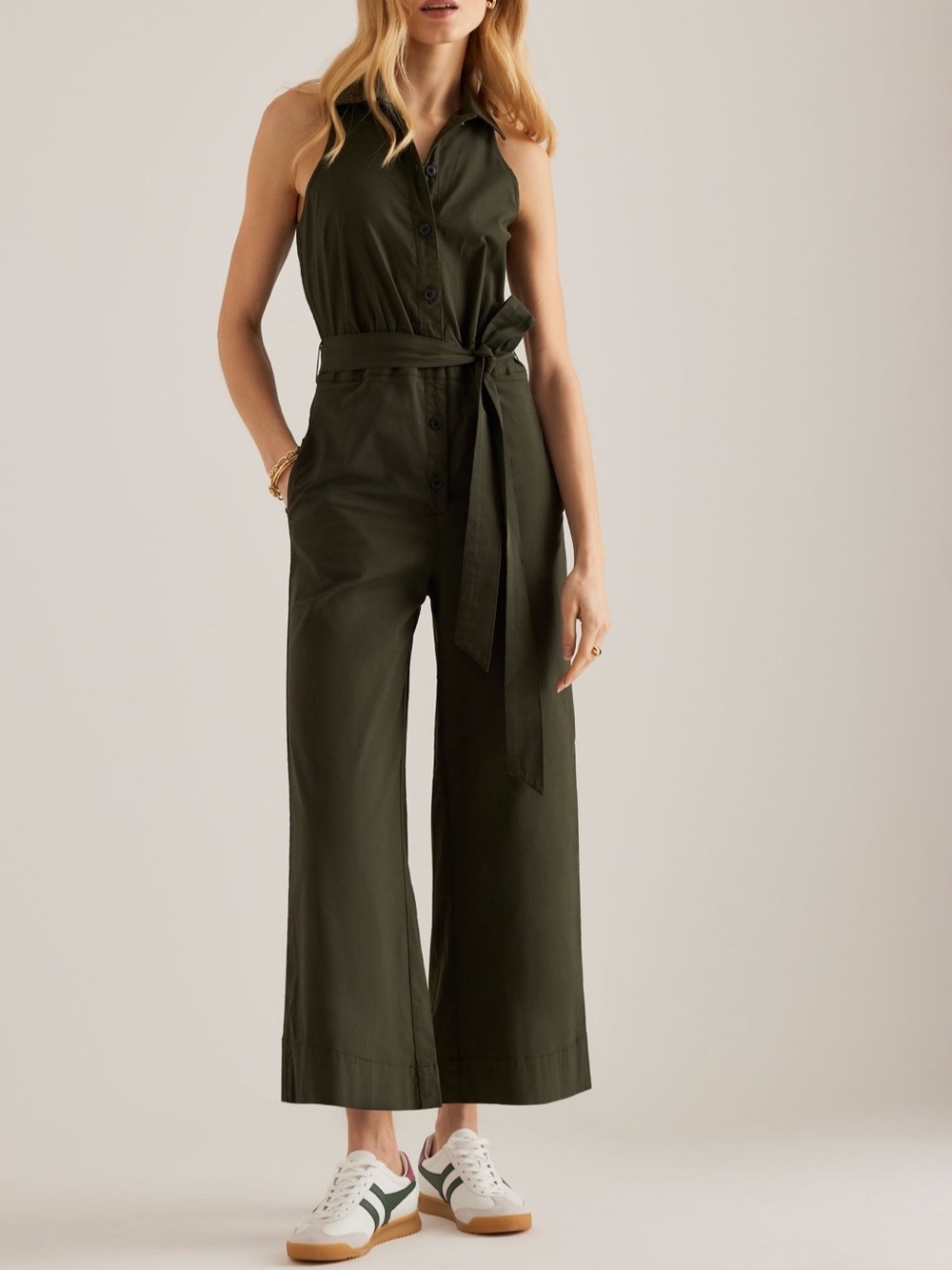 Maeve Olive Green Sleeveless Button-Front Jumpsuit with Waist Tie - Picture 3 of 4